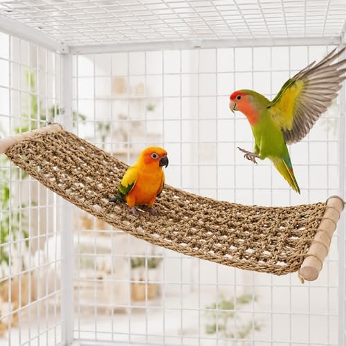 FlidRunest Extra-Large 21.6x7.8IN Conure Ladder Perch for Cage, Bird Seagrass Ladder Bridge Exercise Stands, Natural Hand-Woven Parrot Net Climbing Chewing Hammock, Cage Accessories for Conure Budgie