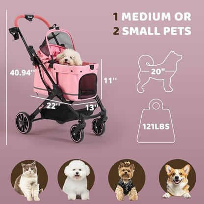 All-Terrain Dog Stroller for Small to Medium Dogs, Pet Stroller for Dogs & Cats Outdoor Walks, One-Hand Easy Fold, Double-Layer Anti-UV & Waterproof Canopy & Breathable Mesh, Sakura Pink