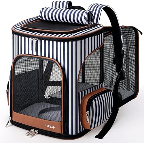 Lekereise Large Cat Backpack Carrier Expandable Pet Carrier Backpack for Small Dogs Medium Cats Fit Up to 18 Lbs, Foldable Puppy Backpack Carrier for Travel, Hiking, Striped
