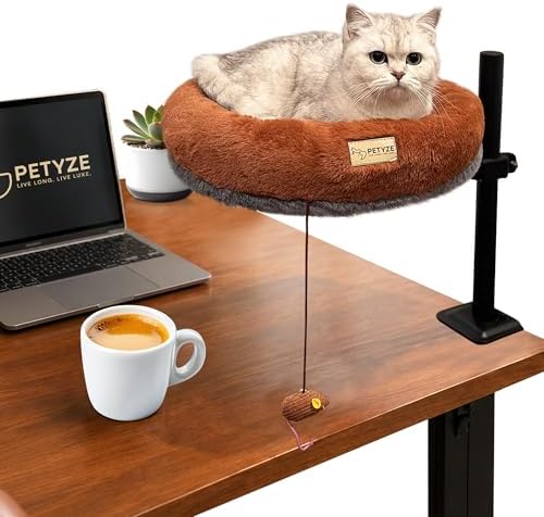 Cat Desk Bed - Sturdy Desk Mount for Office & Home, 360° & Height Adjustable Cat Bed for Desk Attachment, Supports 33 lbs, Dual Use Floor & Desk Nest, Washable Stylish Two-Tone Faux Fur
