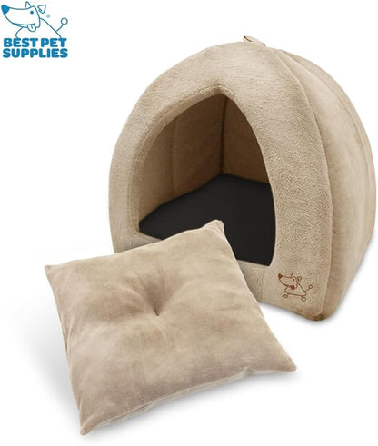 Best Pet Supplies Cat Bed for Indoor Cat, Domed Tent House with Removable Pillow, Covered Cat Cave for Small Dog, Puppies and All Breeds of Cats - Tan, 18 x 18 x H:16"