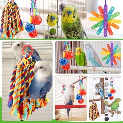 QUOZUO Small Bird Toys Parakeet Cage Accessories, Parakeet Toys, Swing Hanging Standing Chewing Toy, Bird Toys for Parakeets, Cockatiel, Parrot, 4pcs