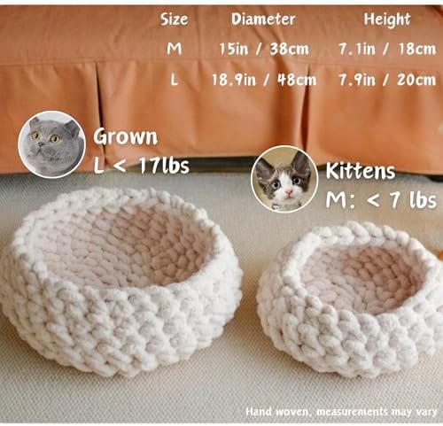 Cat Nest Bed, Handwoven Washable Round Cave Kitten (Cloud White,L)