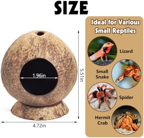 PINVNBY 2 Pcs Natural Coconut Shell Reptile Hideouts Crested Gecko Tank Accessories for Small Lizard Leopard Gecko Spider Snail Hermit Crab Hideout