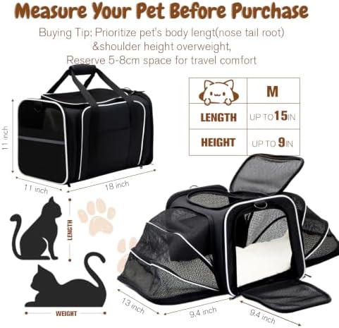 Double Expandable Cat Carrier,Airline Approved Soft-Sided Pet Travel Carrier for Small Dogs Cats Under 15 lbs,Waterproof 600D Oxford Fabric with Washable Replacement Liner,Odor-Free & Claw-Proof Black