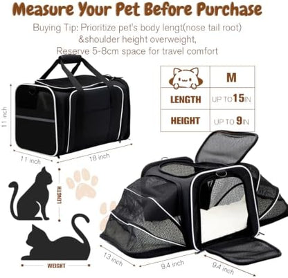 Double Expandable Cat Carrier,Airline Approved Soft-Sided Pet Travel Carrier for Small Dogs Cats Under 15 lbs,Waterproof 600D Oxford Fabric with Washable Replacement Liner,Odor-Free & Claw-Proof Black