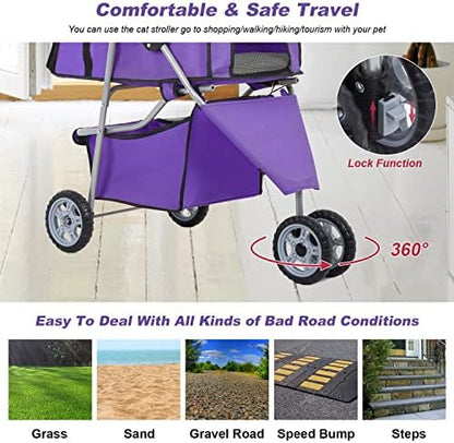 BestPet | 3-Wheel Foldable Pet Stroller | Purple | Lightweight & Portable