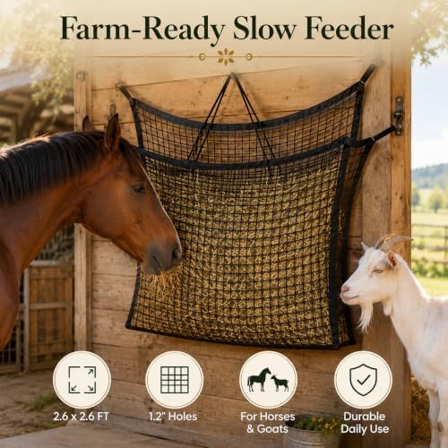 2.6x2.6 Ft Round Bale Hay Net for Horses & Goats, 1.2" Holes Slow Feeder Hay Nets with Hay Net Repair Tool