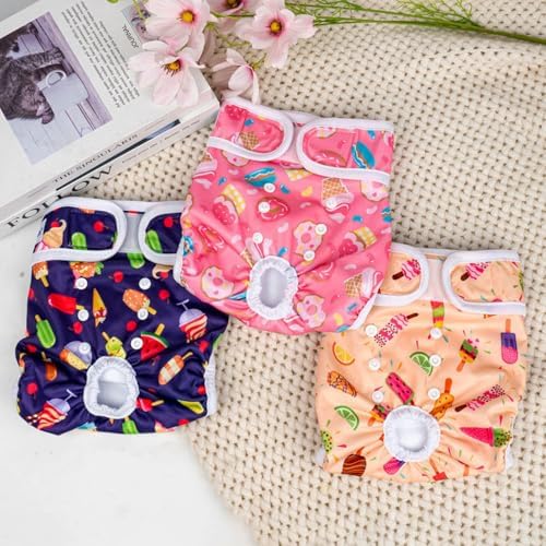 Pet Soft Female Dog Diapers, 3 Pack Washable Dog Diapers Female for Dogs in Heat Reusable Dogs Period Panties, Puppy Diapers (Food, M)