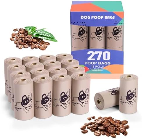 Coffee Dog Poo Bags Coffee scent - 270 Large Poop Bags, Extra Thicken Strong Corn Starch Blended Leak Proof Poop Waste Bag for Dogs