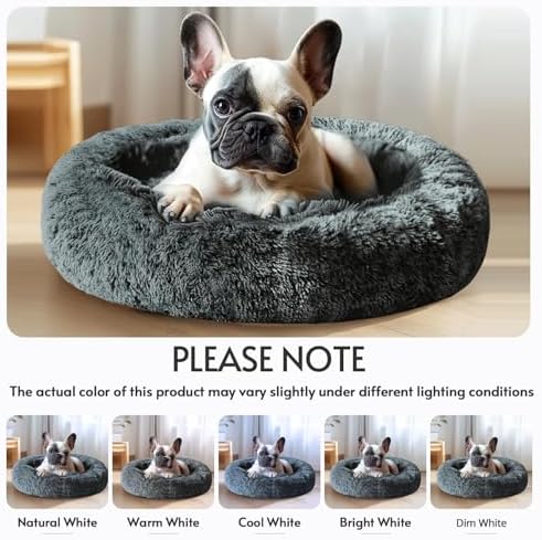 JOLLYVOGUE Calming Dog Bed for Small Dogs - 23 inches Donut Washable Small Dog Bed for Kittens & Puppies, Anti-Slip Round Fluffy Plush Faux Fur Cat Beds (Fits up to 25 lbs Pets, Navy Grey)