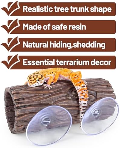 Reptile Hide, Resin Hollow Log Hideout with 2pcs Powerful Suction Cup, Reptile Tank Accessories Climbing Toys Terrarium Hideaway Caves Decor for Gecko, Lizard, Snakes, Hermit Crabs, Forgs
