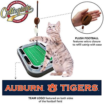 Pets First NCAA Auburn Tigers Reversible Football Field CAT Scratcher Toy with Catnip Filled Plush Football Toy&Feather Cat Toy Hanging with Jingle Bell Interactive Ball Cat Chasing 6-in-1 Kitty Toy
