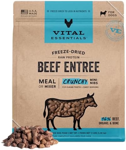 Vital Essentials Freeze Dried Dog Food, Beef Mini Nibs, 3 lb Bag