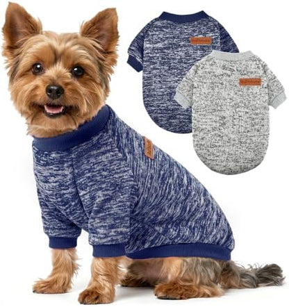 2 Pack Dog Sweaters for Small Dogs Girl Boy Winter Fleece Clothes Warm Soft Dog Sweatshirt Outfit for Dogs Cats Pet Apparel (Grey+Navy Blue, S (Back: 11.8",Chest: 15.7", 5.5-10Ibs))