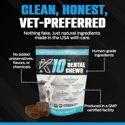 K10 Dental Chews for Dogs, Human-Grade Dog Dental Cleaning Chews, 10 Count