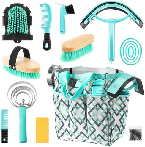 Abbylike 12 Piece Horse Grooming Kit with Organizer Tote Bag Brush Sets for Derby Day Show Horses Professional Tools for Care & Massage(Mint Green and Grey)