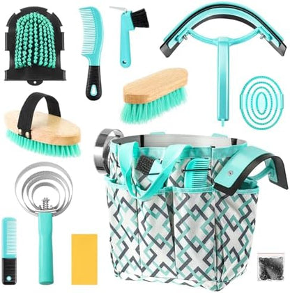 Abbylike 12 Piece Horse Grooming Kit with Organizer Tote Bag Brush Sets for Derby Day Show Horses Professional Tools for Care & Massage(Mint Green and Grey)