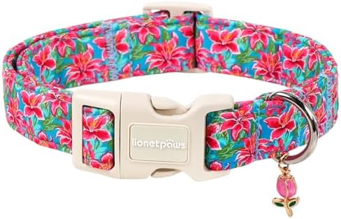 Lionet Paws Floral Dog Collar Summer Lily Collars with Pink Lilies Pattern Pendant - Female Girl Dog Collar for Small Medium Dogs XS
