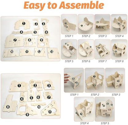 BNOSDM Wooden Hamster Hideout House Gerbil Toy with Balcony & Seesaw