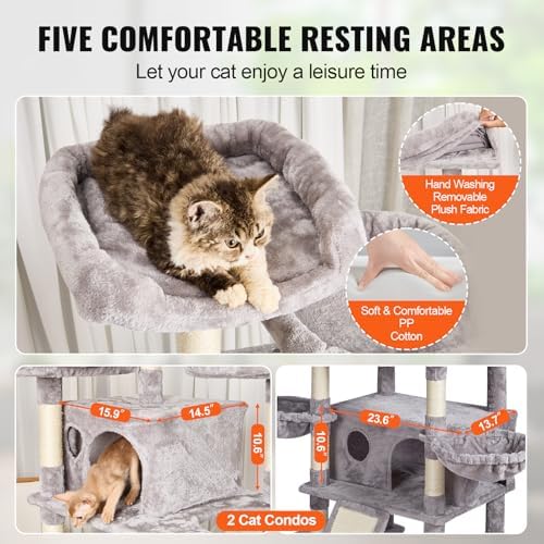 VEVOR Cat Tree for Indoor Cats, 68.5" Cat Tower with 2 Cat Condos, Sisal Scratching Post, Hammocks, Top Perches, Jumping Platforms and Ramp, Cat Furniture Activity Center with Hang Balls, Light Grey