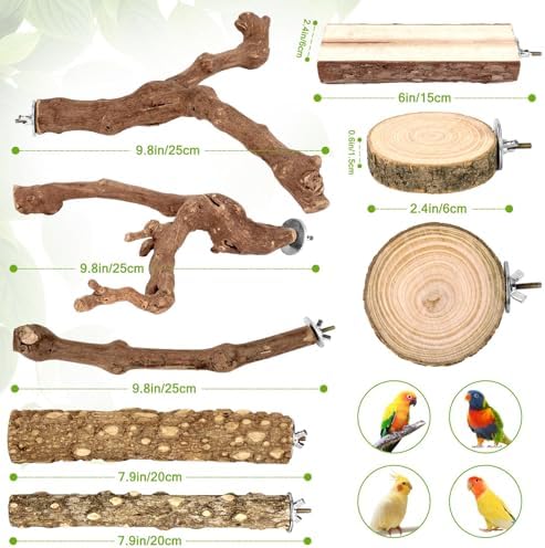 8 Pcs Natural Grape Wood Bird Perch & Platform Set for Cages