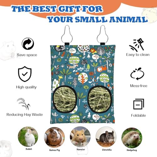 3 Pcs Rabbit Hay Feeder Bag, 2-Hole Hanging Hay Feeder Guinea Pig Hay Bags Washable Bunny Hay Bag for Rabbits Chinchillas Hamsters Small Pets and Animal (11.8"×8.7")