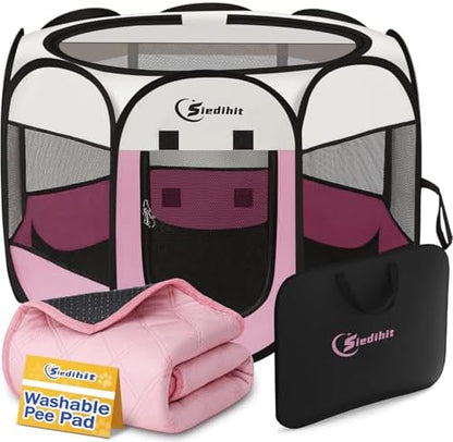 Siedihit Dog Cat Pet Playpen Tent Crate Cage with Washable Pad, Medium Pink