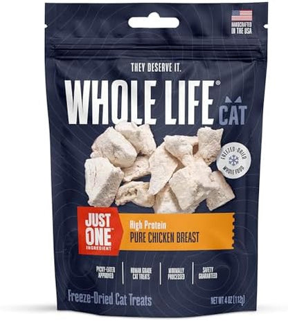 Whole Life Cat Just One Chicken Freeze Dried Cat Treats - Human Grade High Protein Food, Healthy Training Snacks, Freeze Dried Chicken Food Toppers, USA Made Natural Treats - 4 oz (Pack of 1)