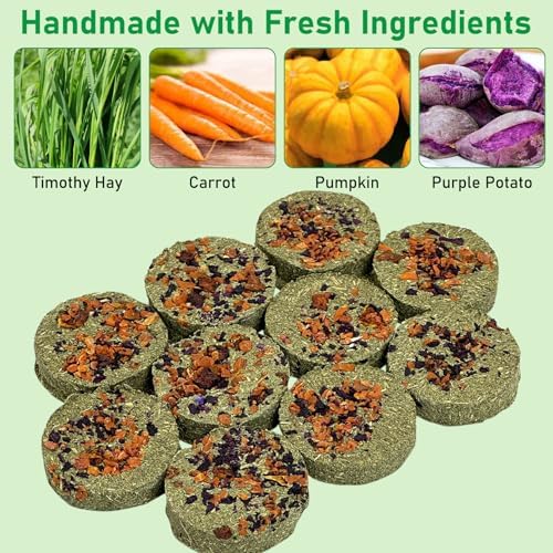 Fhiny 24 PCS Rabbit Chew Toys, Natural Timothy Hay Carrot Pumpkin Purple Potato Biscuit Cubes Bunny Chew Treats for Teeth Care Small Animals Molar Snacks for Hamster Guinea Pig Chinchilla Rat