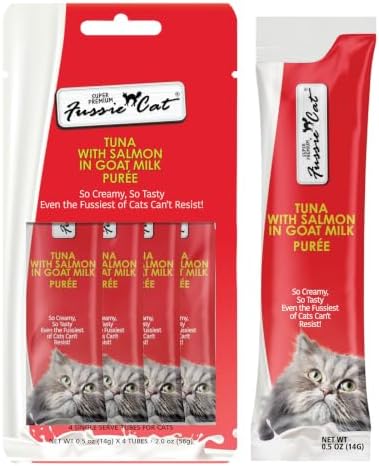 Fussie Cat Premium Tuna with Salmon in Goat Milk Puree, lickable cat Treats, 0.5oz Pouch Pack of 4