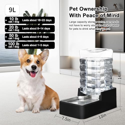 RIZZARI 2.4Gallon Dog Water Bowl Dispenser for Dogs:Leak Resistant Waterer
