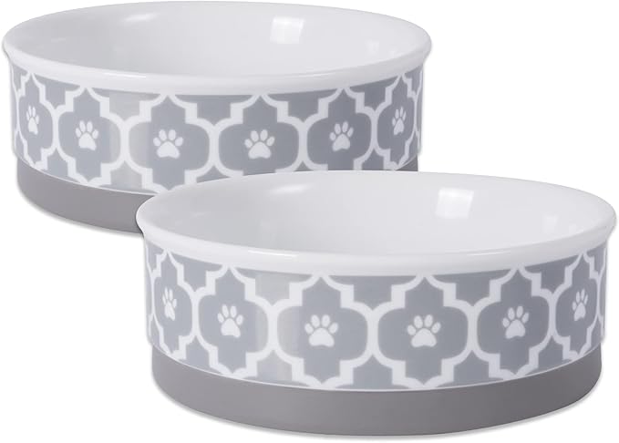 Bone Dry Paw Print Ceramic Pet Bowl, Lattice Collection, Medium Set, 6x2", Gray, 2 Count