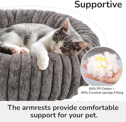 Round Cat Bed Washable, Ultra Soft Plush Bolster, 24 Inch, Grey