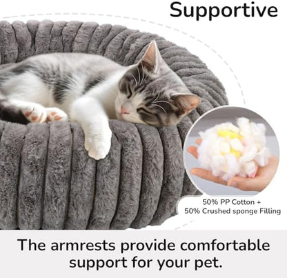 Round Cat Bed Washable, Ultra Soft Plush Bolster, 24 Inch, Grey