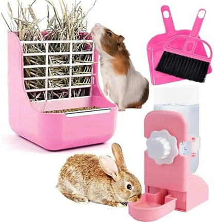HERCOCCI Rabbit Hay Food Bin Feeder and Bunny Water Bottle Set, Hay Food Feeder Bowls Manger Rack with 500ml Hanging Water Dispenser Prevent Knock Over for Rabbit Guinea Pig Chinchilla (Large, Pink)