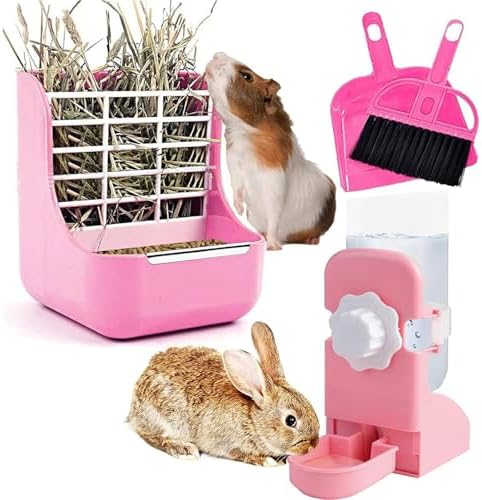 HERCOCCI Rabbit Hay Food Bin Feeder and Bunny Water Bottle Set, Hay Food Feeder Bowls Manger Rack with 500ml Hanging Water Dispenser Prevent Knock Over for Rabbit Guinea Pig Chinchilla (Large, Pink)