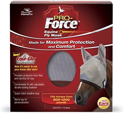 Manna Pro, Pro-Force Equine Fly Mask with Ears & Equi-Glo Reflector, Horse Mask(s), Mask for Horses, Durable Clear-View Mesh, UV Protection, Adjustable, Fits 900–1200 lb Horses