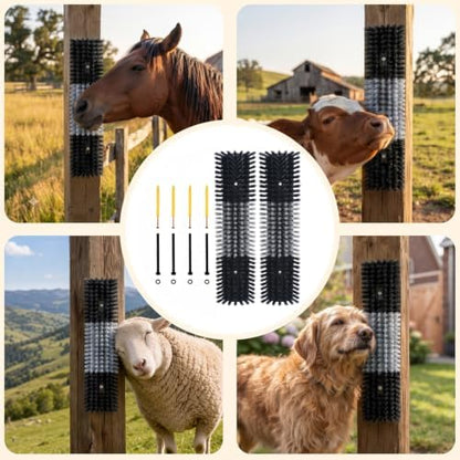 Livestock Scratch Brush for Cattle, Horses, Goats, Cow, Durable Scratching Brush, Massage Grooming Tool for Healthy Coat, Relieves Itching, Easy Install on Fence Posts(2pcs, Black)