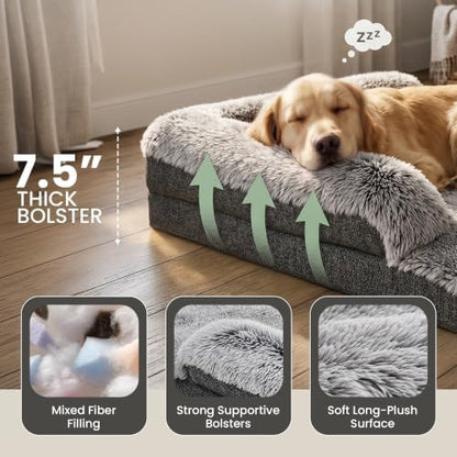 Corner Dog Bed Large, 39" Calming Fluffy Orthopedic Pet Beds, Grey