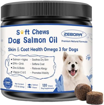 ZEBORA Omega 3 6 9 Salmon Oil for Dogs, Skin & Coat Health, 120 Count