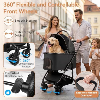 Heavy Duty Pet Stroller, 3-in-1 Dog & Cat Stroller with Detachable Carrier & Car Seat, 132 lbs Capacity for 1 Large/2 Medium Pets, Aluminum Alloy Frame, Shock Absorption, One-Touch Dual Brake, Black