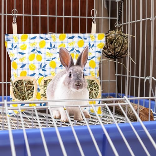 Lesnala 2 Pcs Canvas Hanging Bunny Hay Feeder Bags 3 Holes 2 Styles