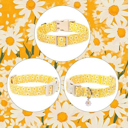 Yellow Daisy Dog Collar Cute Summer Dog Collars for Small Dogs - Lightweight Adjustable Girly Floral Female Dogs Everyday Collar with Safety Buckle S
