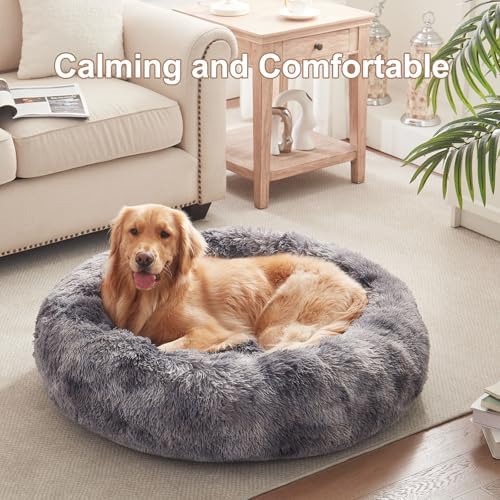 36 in Faux Fur Fluffy Donut Dog Bed for Large Dogs,Tie-dye Grey