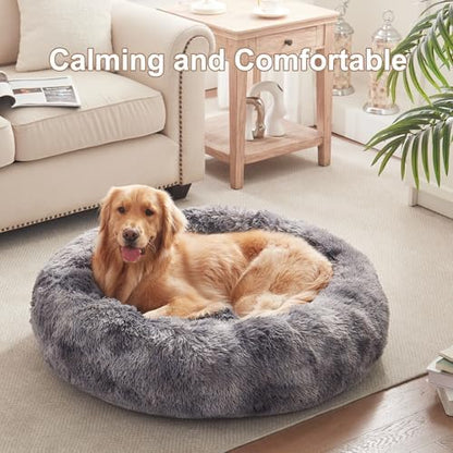 36 in Faux Fur Fluffy Donut Dog Bed for Large Dogs,Tie-dye Grey