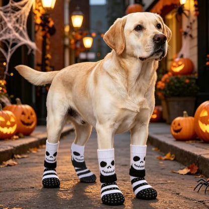 PUPTECK Anti-Slip Dog Socks with Double Sides Grips for Small Medium Large Dogs Hardwood Floors Prevents Licking, Dog Shoes for Hot Pavement Traction Control for Senior Dogs, Halloween Black L