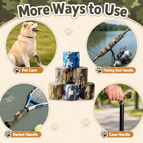 6 Pack 2 Inch x 5 Yards Camouflage Pet Vet Wrap for Dogs, Cats, Horses, Colorful Non-Woven Self-Adhesive Cohesive Bandage Rolls Set for Wound Care, Ankle Sprains, Swelling, and First Aid Protection