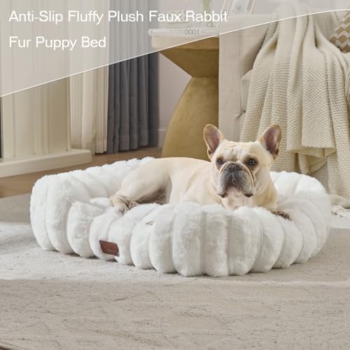 Luxury Dog Beds,Large Sized Dog Washable Furry Pet Beds,Comfort Rectangle Pet Sofa Couch with Ultra,Puppy Beds with Removable Zipper Cover,30x25x7.5inches,Beige