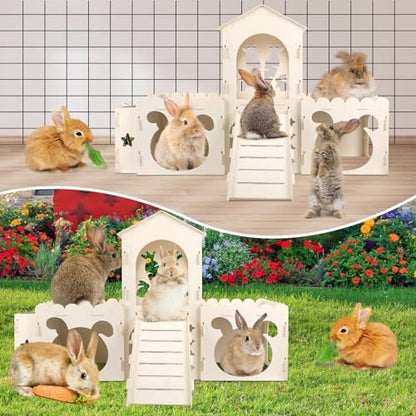 Extra Large Rabbit Castle, Wooden Bunny House & Hay Feeder, Detachable Rabbit Hideaway, Indoor Rabbit Castle with Ramp, Small Animal Houses & Habitats
